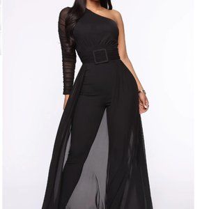 Black One Shoulder Mesh Jumpsuit